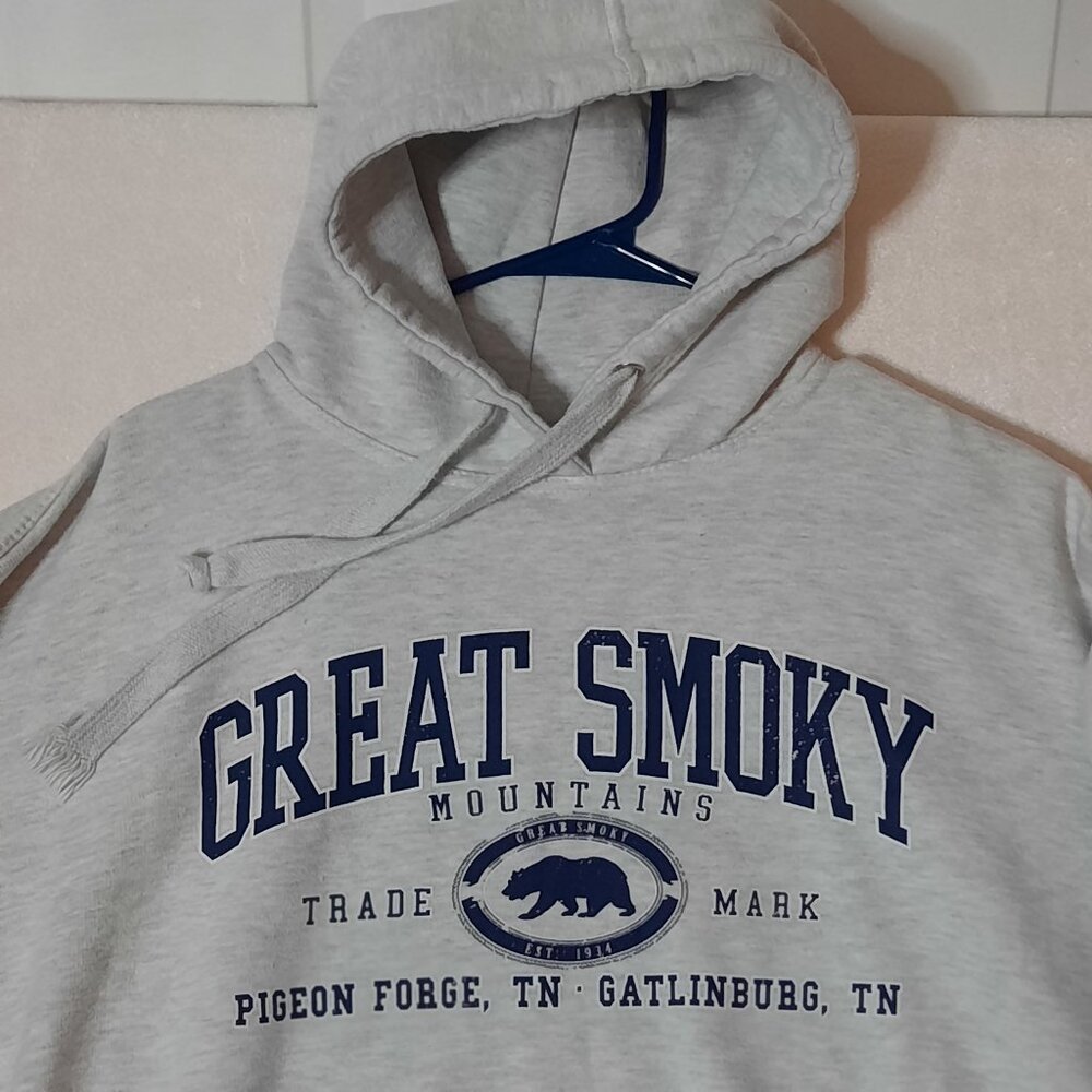 LUXE GREAT SMOKY MOUNTAINS Grey Thick Pullover Hoodie, Bear Graphic Spellout XL